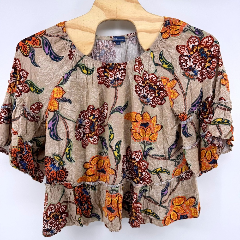 Democracy Floral Peplum Blouse Women 1X Tan‎ Orange Burgundy Boho Ruffle Tiered